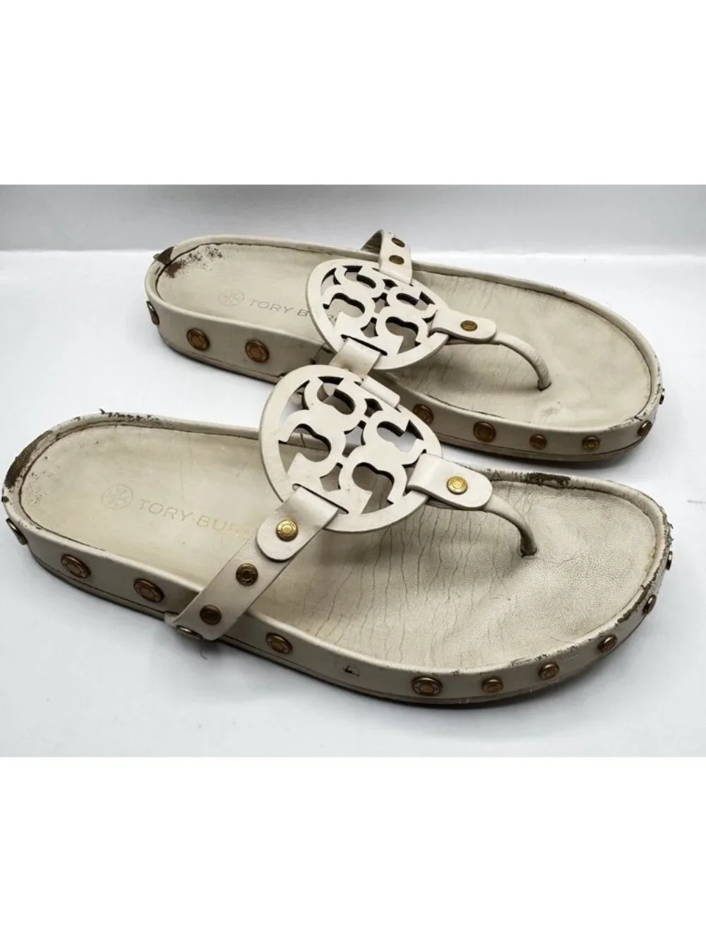 Tory Burch Womens Miller Cloud Coin Thong Sandal Double T Logo New Cream Sz 8